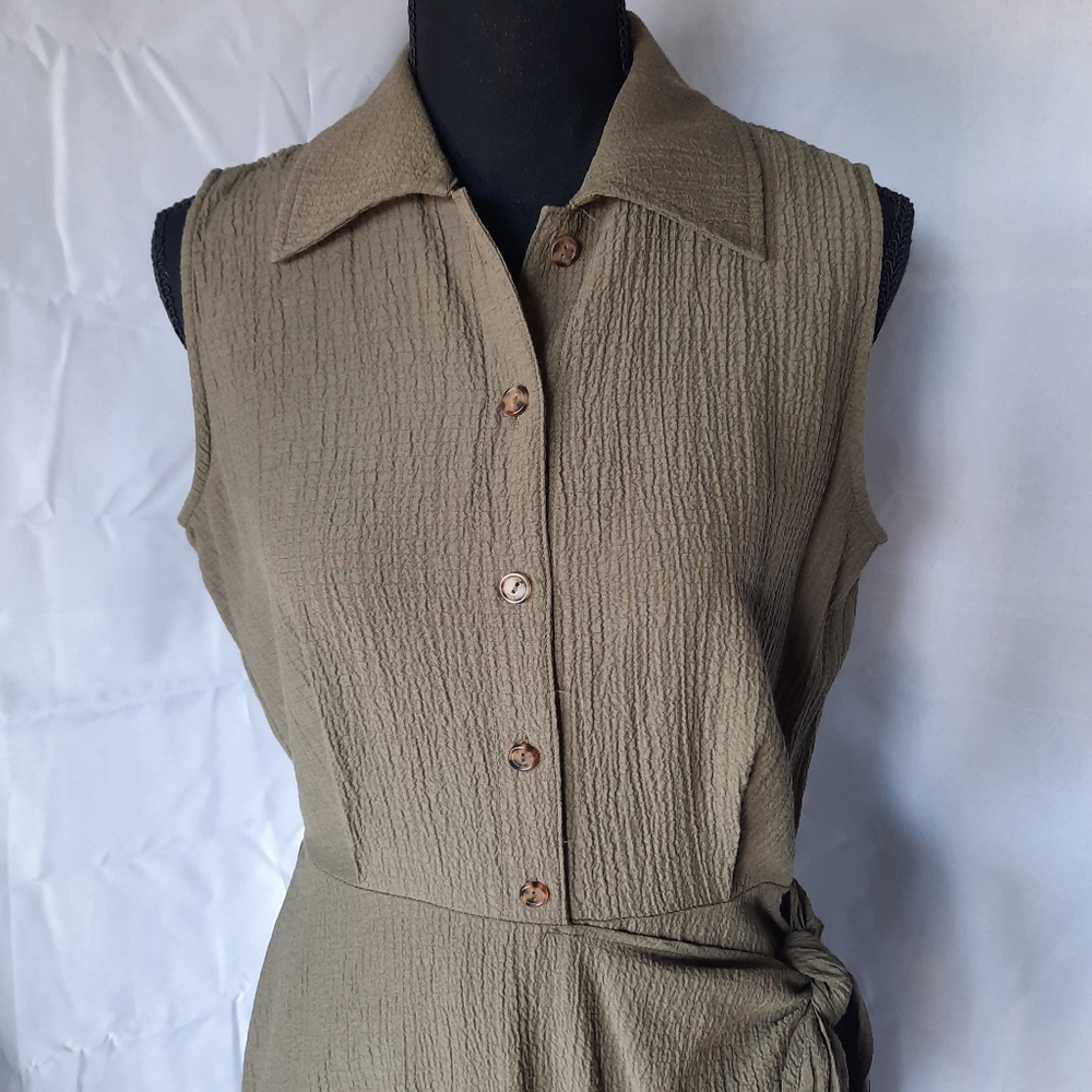 Calvin Klein Faux Wrap Dress Size 6 Army Olive Green Side Tie Minimalist - Picture 2 of 16